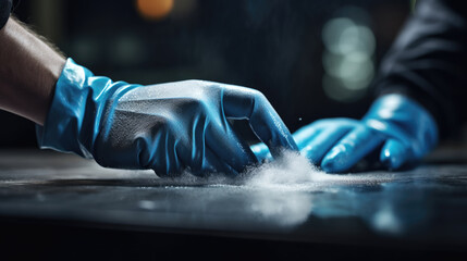 Close-up of hands wearing rubber gloves cleaning a surface - obrazy, fototapety, plakaty