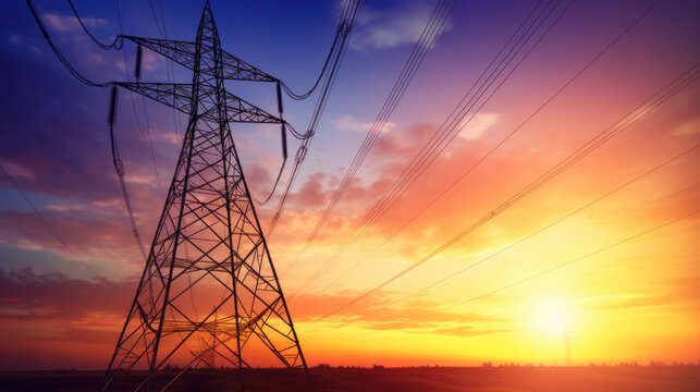 Series of towering electricity pylons with power lines stretching across the frame, set against a dramatic sunset sky