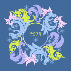 New Year card with 2024 year of the dragon! Chinese horoscope symbol. Dragon logo