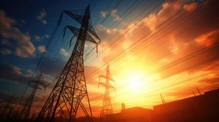 Series of towering electricity pylons with power lines stretching across the frame, set against a dramatic sunset sky