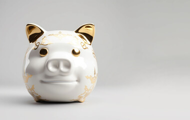 A unique white porcelain piggy bank with funny nose and gold patterns. A metaphor of luxury savings for your investments in the future, for wealth in retirement and a secure old age. Excellent savings