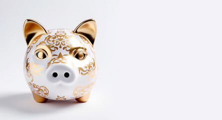 Unique porcelain piggy bank with golden patterns. Isolated old fashion collectible home object.