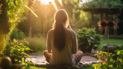 Young woman meditating in the garden at sunset. Yoga concept.