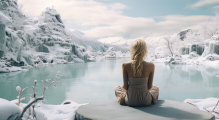 Fototapeta premium A young woman finds peace while relaxing in the snowy nature by the river. This image highlights the positive impact of nature on inner calm and tranquility of the mind.
