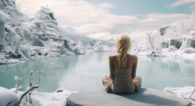 A young woman finds peace while relaxing in the snowy nature by the river. This image highlights the positive impact of nature on inner calm and tranquility of the mind.