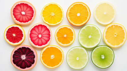 Fototapeta premium Collection of vibrant fruit slices arranged on a white tabletop