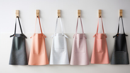 Collection of kitchen aprons hanging neatly against a white background