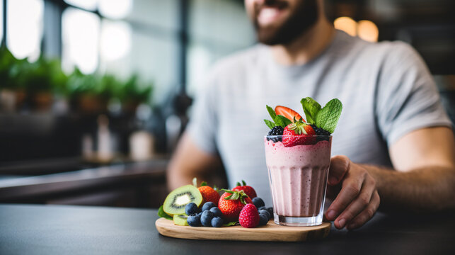 Cropped image of man holding glass with berry smoothie in cafe