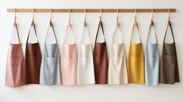 Collection of kitchen aprons hanging neatly against a white background