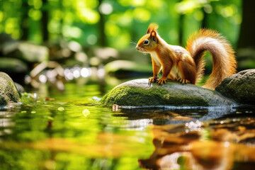 Red squirrel on stones standing on water.