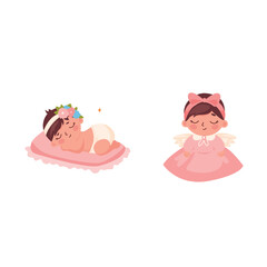 cartoon baby girls with angel wings and angel wings vector Illustration