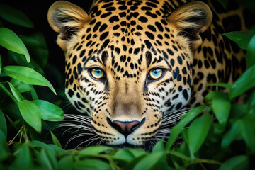 The beautiful leopard is hiding behind the bush.