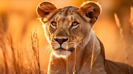 A lioness sitting in tall grass at sunset.