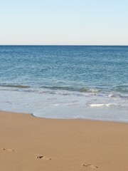 Fototapeta na wymiar Calm ocean side with wet sand in Algarve, Portugal vertical photo