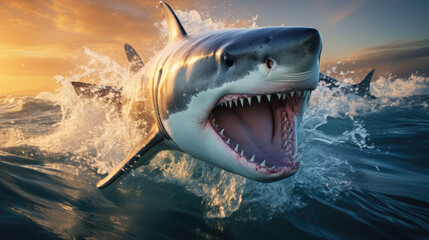 A great white shark with open teeth and fins.