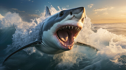 A great white shark with open teeth and fins.