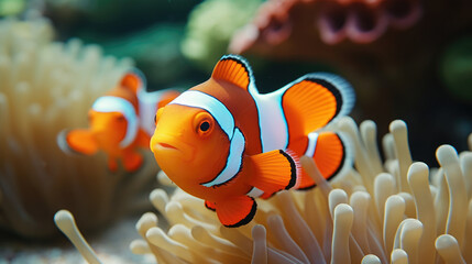 Fototapeta na wymiar Two clown fish are sitting in the ocean near anemones.