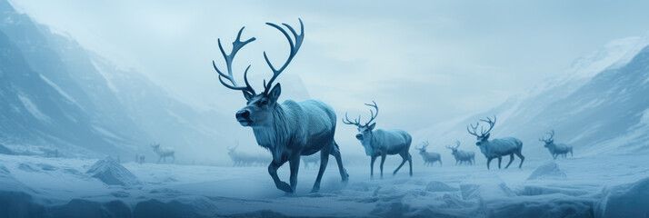 A group of reindeer wandering through a snowy mountain.