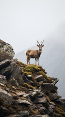 A deer standing on a small pebble on top of a mountain.
