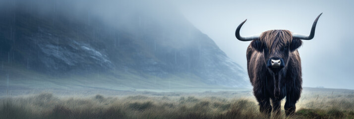 Scottish highland cow in a field with mountains and a fog.