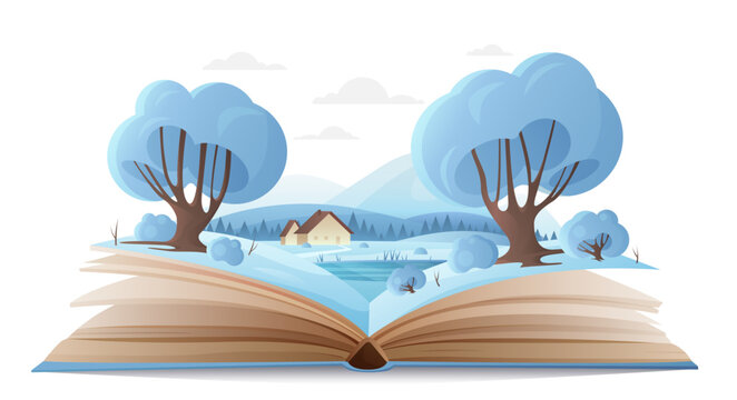 Christmas winter nature in open book vector illustration. Cartoon fairy tale winter scene and landscape on paper pages of storybook, mountain and house, forest trees with snow, cute fantasy world