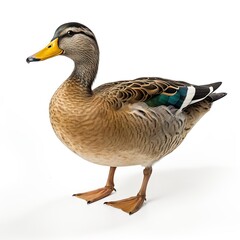 Obraz premium Graceful drake in flight. Colorful waterfowl soaring against. Majestic goose. Lone wild bird standing proudly isolated on studio white background