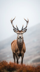 Stag deer standing in a field in the rain mist.