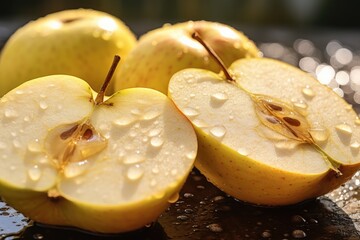 Glistening drops on halved golden apples on a wooden surface.