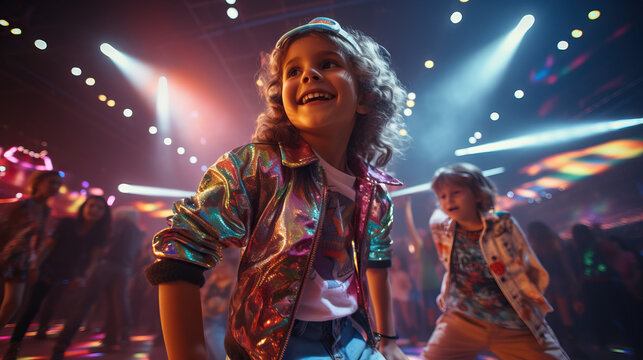 Kids Roller Skating at a Retro Roller Disco: Photograph kids dressed in vibrant 80s roller disco attire, skating under neon lights and disco balls at a retro-themed roller rink.