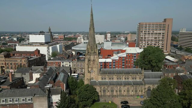 Preston, Lancashire, UK, September 03, 2023; Aerial clip of Preston Trinity Church and Spire, Preston, England, UK 