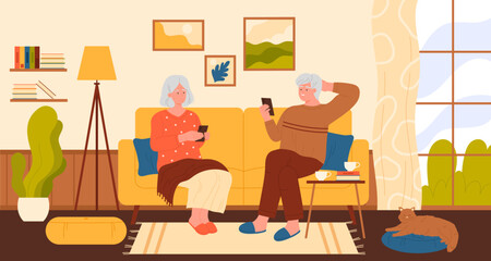 Senior couple sitting on home sofa with mobile phones vector illustration. Cartoon happy old family people scrolling social media channel, grandparents using smartphones in living room interior