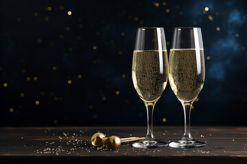 Two glasses of champagne on a dark background with glitter and space for text