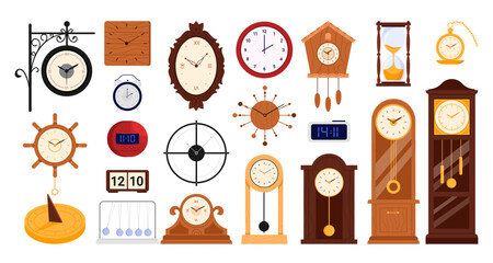 Clocks and watches set vector illustration. Cartoon isolated various types of modern digital and analog clocks collection, different models of timer and hourglass, cuckoo and antique tower with bell