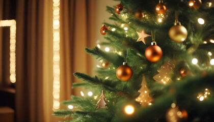 Fototapeta na wymiar christmas tree decoration close up, bokeh light, festive background