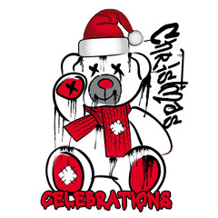 graffiti Christmas teddy bear  illustration in street art style, graffiti teddy bear illustration in street art style