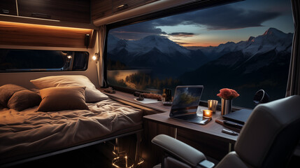 Luxury interior design of modern motorhome on the background of the night rocky mountains - obrazy, fototapety, plakaty
