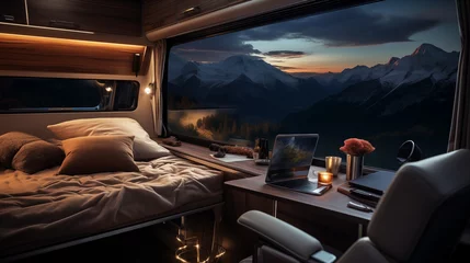Gordijnen Luxury interior design of modern motorhome on the background of the night rocky mountains © mikhailberkut