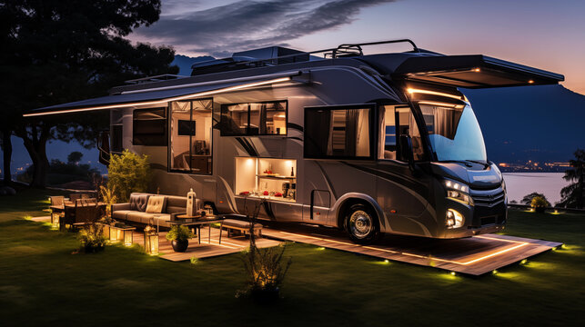 Super luxury design of modern motorhome on the background of the night rocky mountains