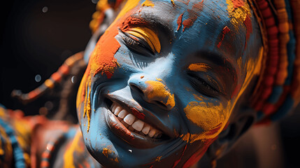 Mujer africana con la cara pintada de colores - obrazy, fototapety, plakaty