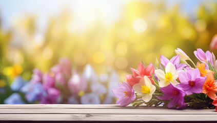 Fondo natural floral de primavera con una tabla de madera en primer plano y flores desenfocadas en un campo  - obrazy, fototapety, plakaty