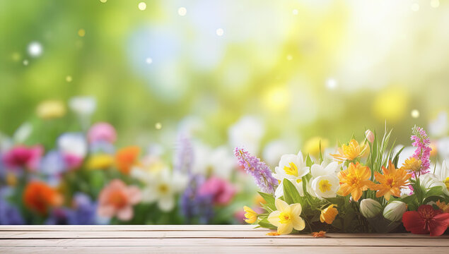 Fondo natural floral de primavera con un expositor de  tabla de madera o mesa en primer plano para mostrar productos y elementos publicitarios y flores desenfocadas en un campo.  
