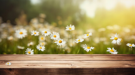 Fondo natural floral de primavera con una tabla de madera en primer plano y flores desenfocadas en un campo 