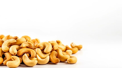 Roasted Cashew Nuts Isolated on a White Uniform Background with Copy Space For Text. Party Food Snacks. For Aperitif or Party