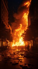 Apartment building fire in the city, skyscraper burning, the problem of extinguishing high-rise houses