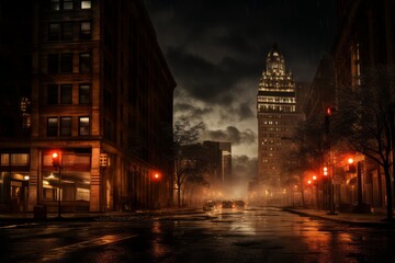 Fototapeta premium Night city, empty city streets after sunset