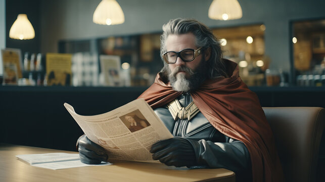 Man in a superhero cape reading a newspaper in a coffee shop. Concept of ordinary moments in extraordinary lives.