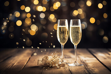 Two glasses of champagne on a dark background with glitter and space for text