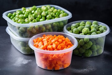 Frozen Vegetables, green peas, Brussels sprouts, young carrots, in plastic containers on a...