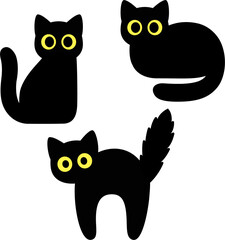 Cartoon black cat silhouette set. Simple icons of cat sitting and scared, isolated clip art illustration.