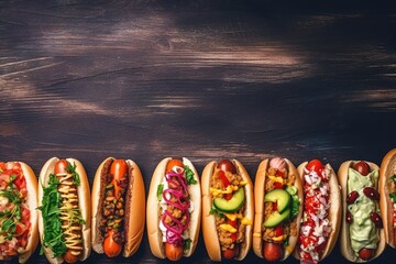 Tasty hot dogs, collection of hot dogs with various fillings on a background, Image for the Menu, Advertising - obrazy, fototapety, plakaty